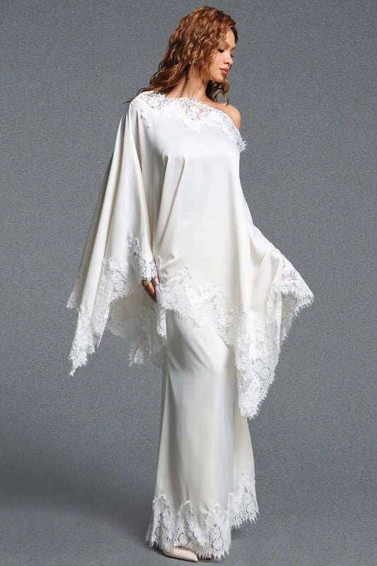 Cream One-Shoulder Cape Overlay Evening Dress