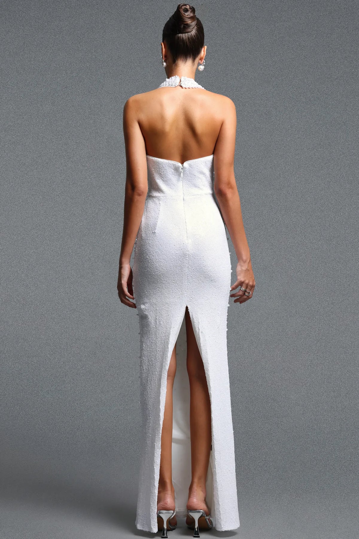 Elegant White Beaded Halter Evening Gown