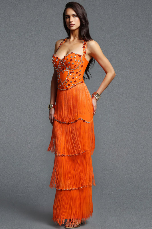 Vibrant Orange Jeweled Corset Tiered Fringe Gown