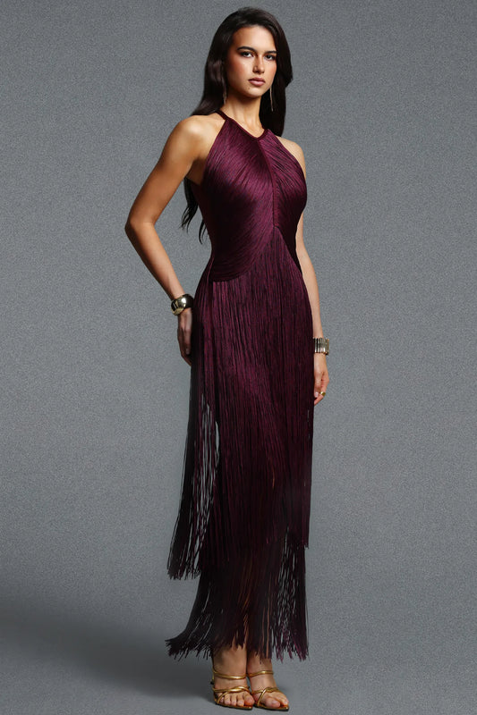 Deep Wine Sunburst Fringe Evening Gown