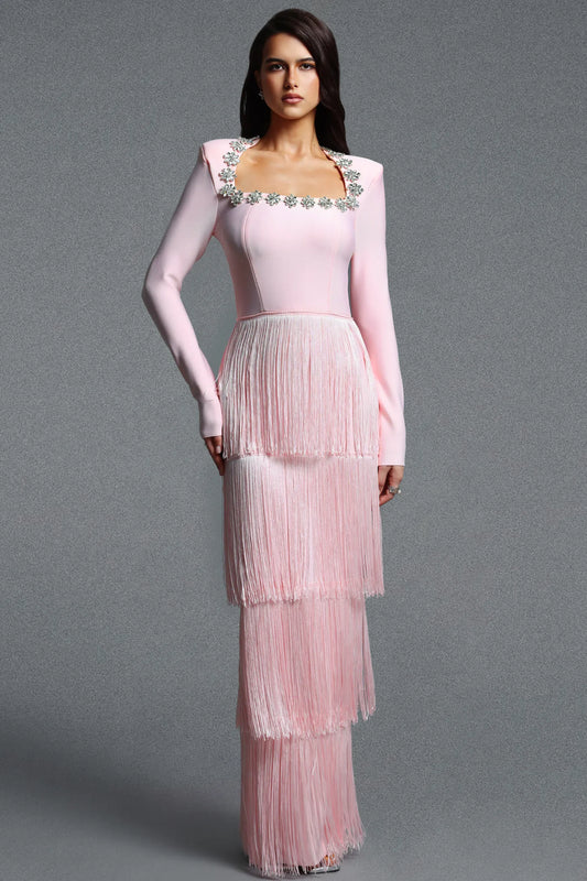 Pastel Pink Square Neck Gown with Cascading Fringe