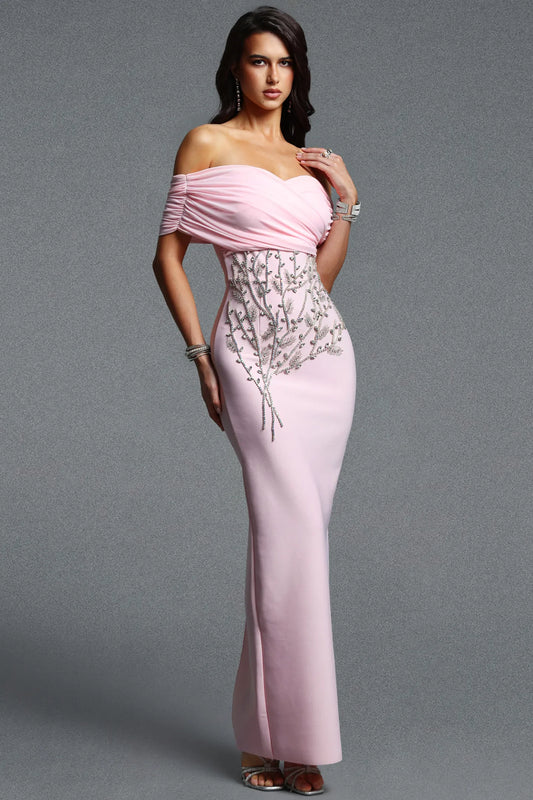 Elegant Pastel Pink Ruched Gown with Rhinestone Vine Accents