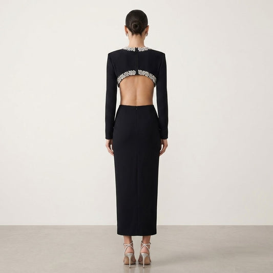 Crystal Embellished Waist Cutout Long Sleeve Midi Dress