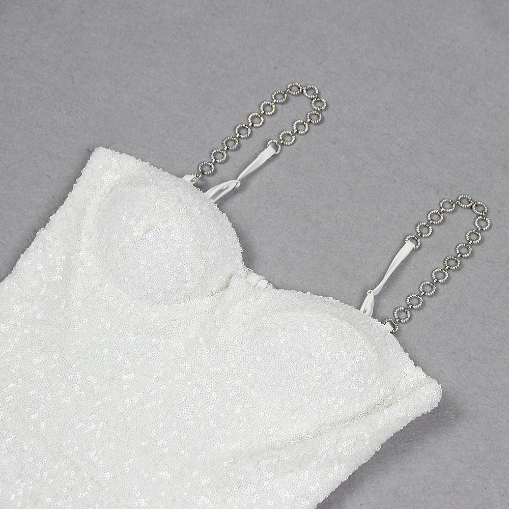 Luminous White Sequin Bustier Flared Jumpsuit