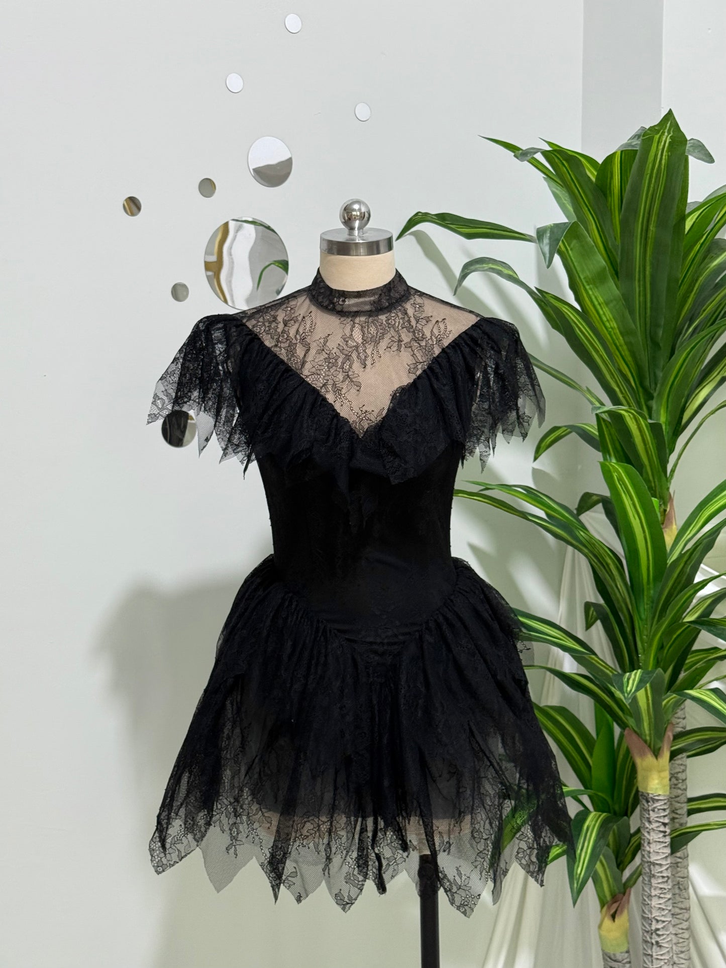 Elegant Black Lace Ruffle Detail Mini Dress