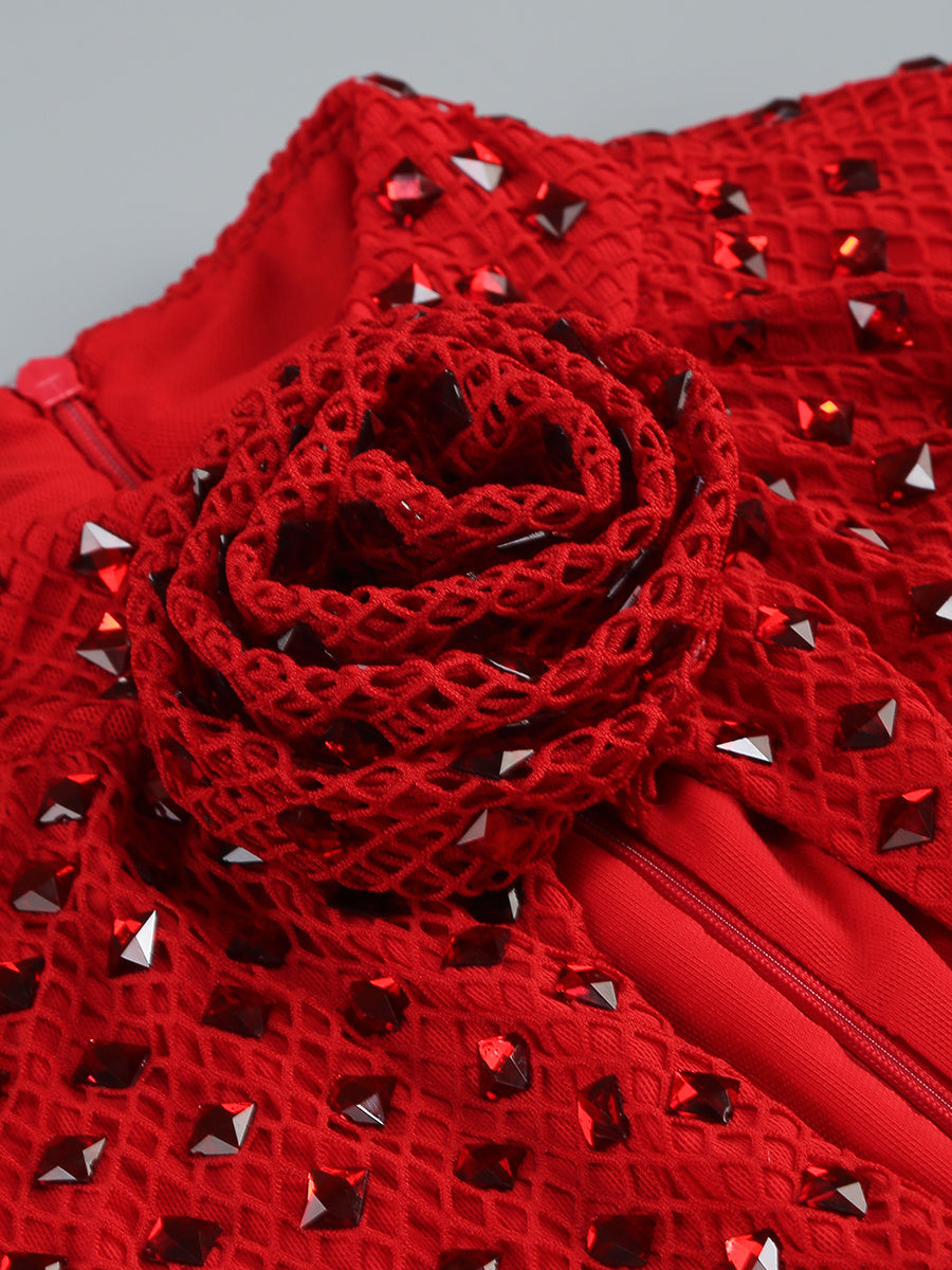 Ruby Red Shimmer Keyhole Rosette Midi Dress