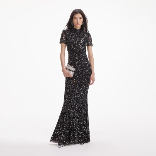 Black Crystal Embellished Short Sleeve Mermaid Gown