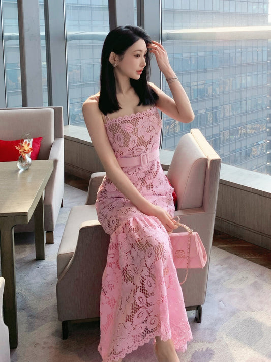 Elegant Pink Floral Lace Midi Dress with Belted Waist