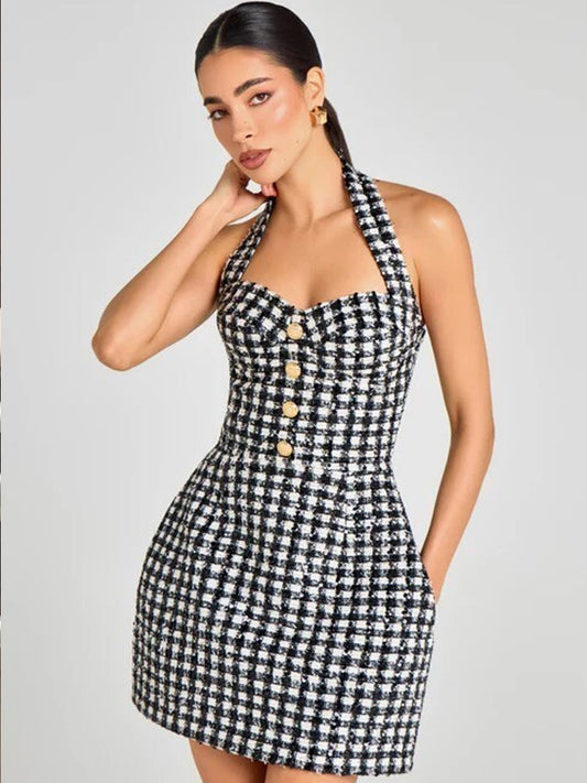 Black and White Houndstooth Tweed Halter Mini Dress