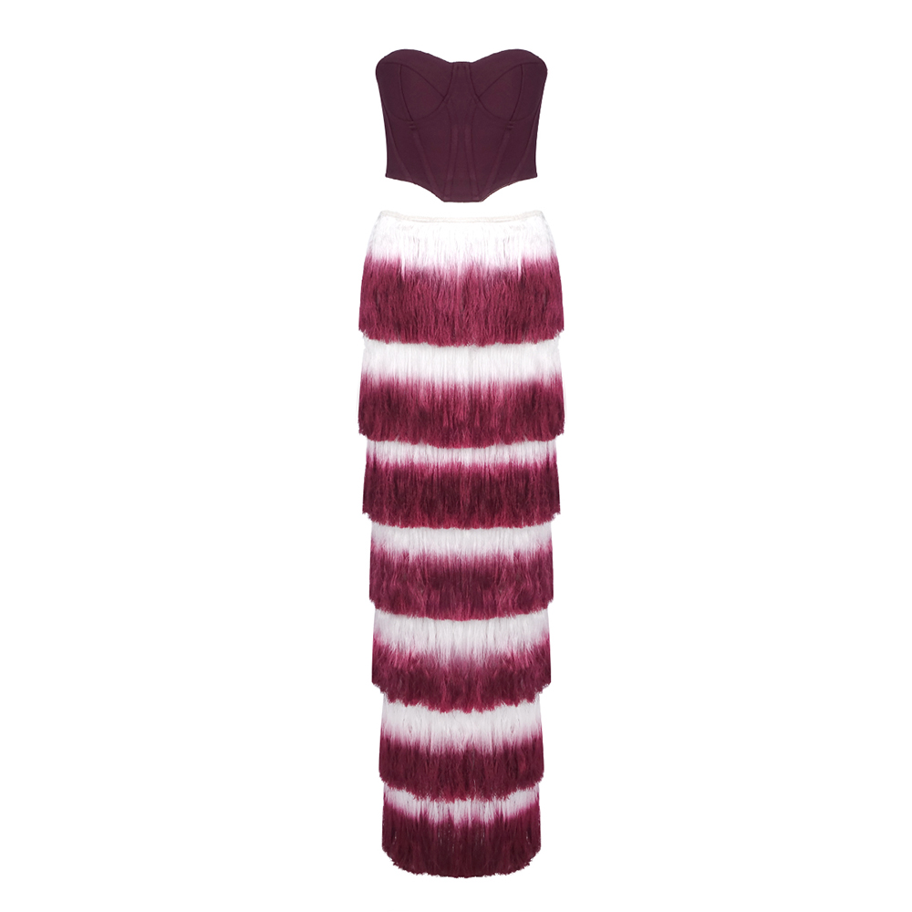 Structured Corset Bustier and Tiered Fringe Midi Skirt Set