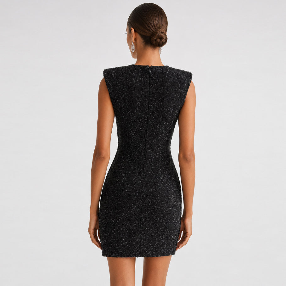 Metallic Draped Plunge Mini Dress - Charcoal Silver