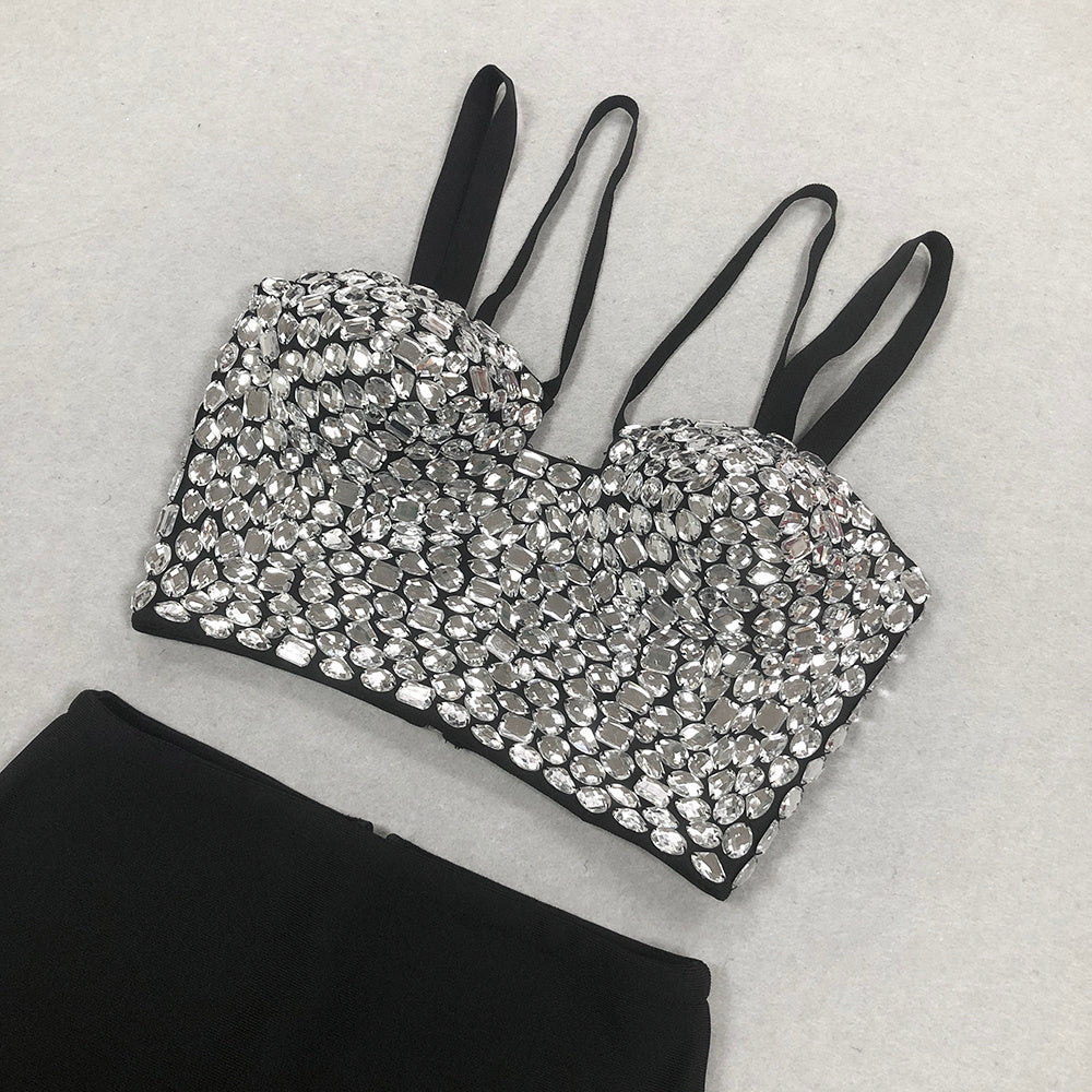 Embellished Silver Sequin Crop Top & High-Waisted Maxi Skirt Set