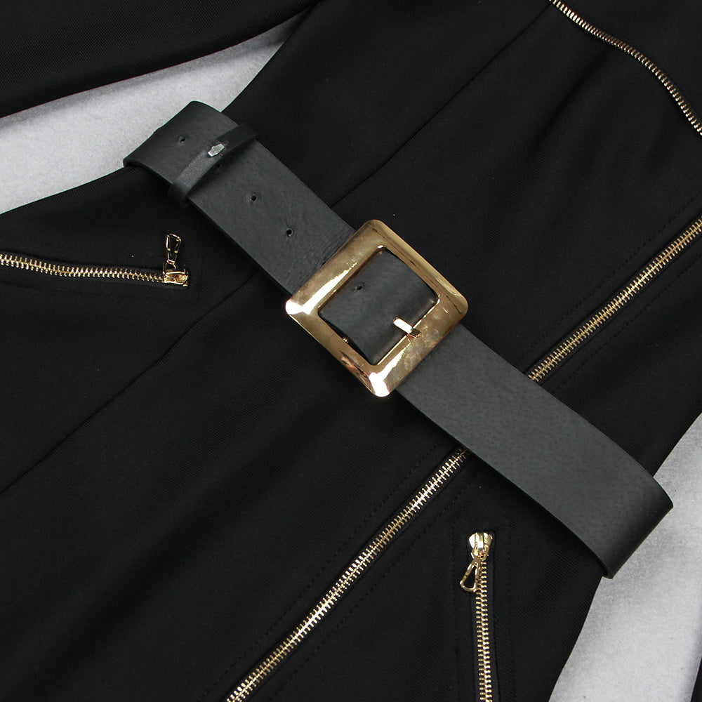 Black Off-the-Shoulder Asymmetrical Zip Belted Midi Dress