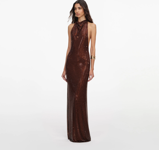 Metallic Bronze Cowl Neck Column Gown