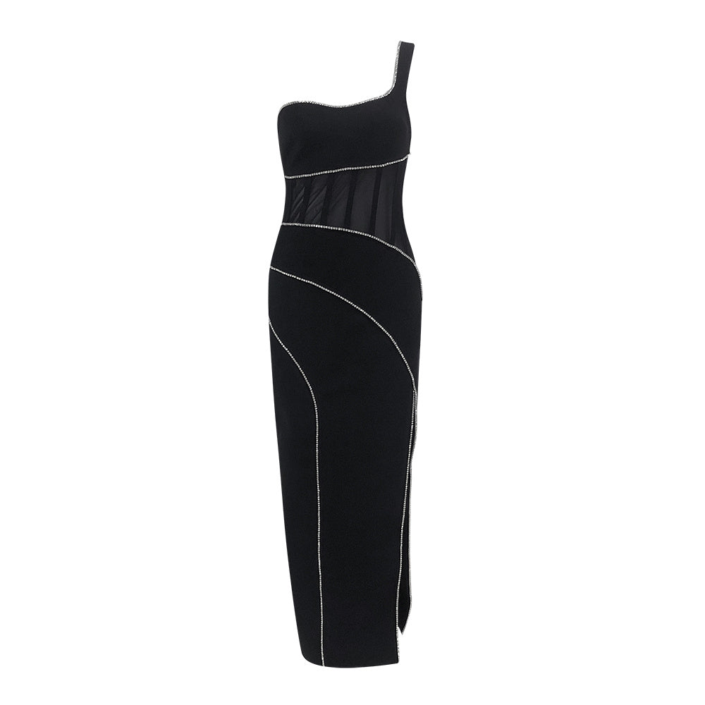 Crystal-Trimmed One-Shoulder Midi Dress with Mesh Cutouts
