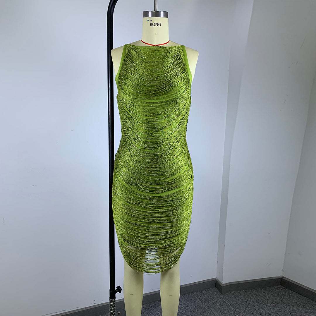 Eliana Textured Ruched Boatneck Midi Dress in Lime Green