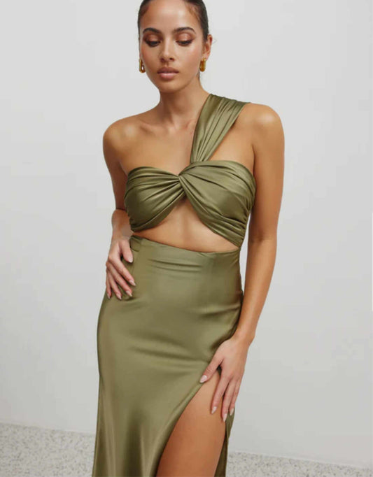Asymmetrical Twisted Cutout Satin Gown - Luminous Olive