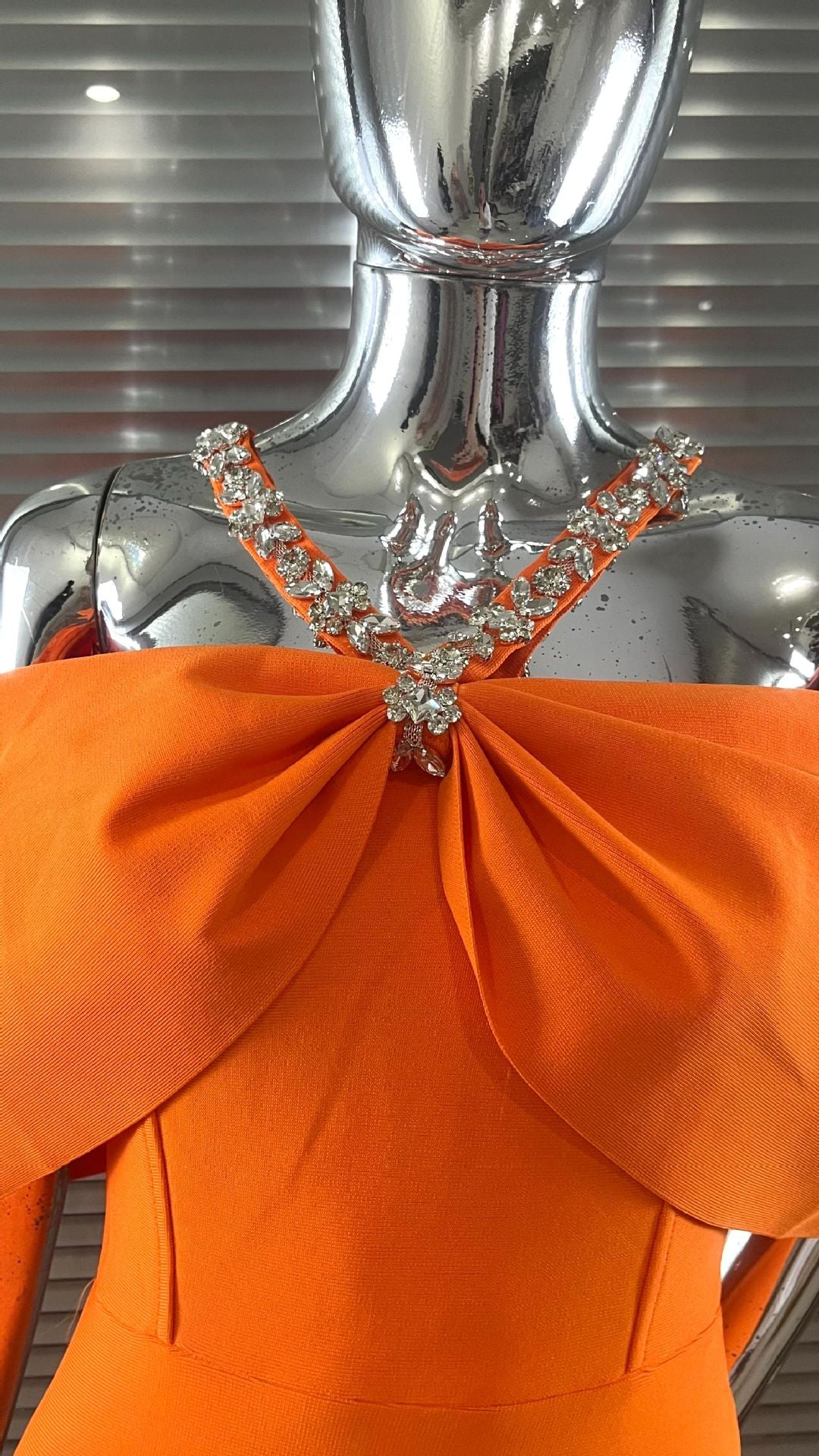Tangerine Orange Sculptural Off-the-Shoulder Midi Dress