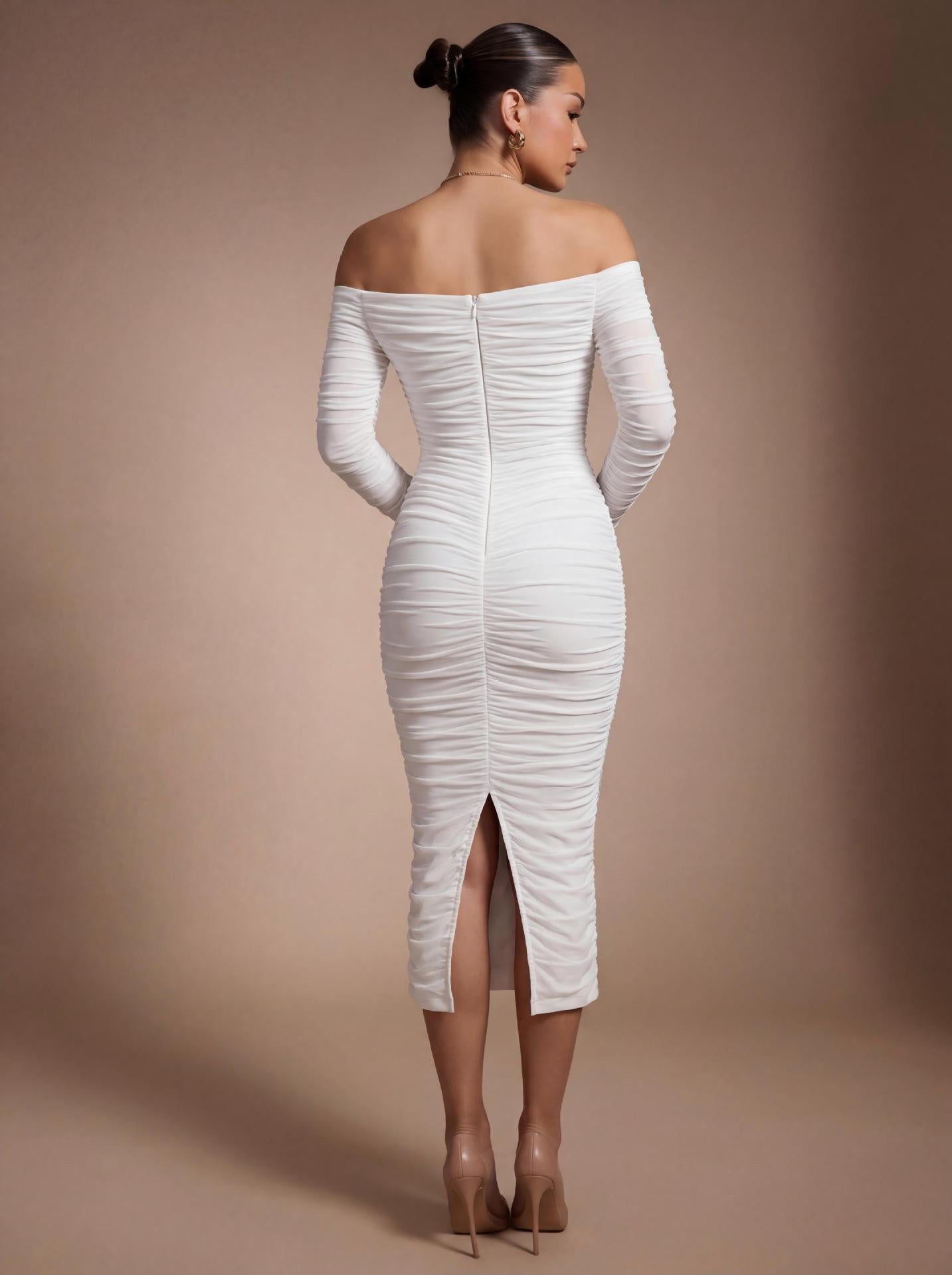 White Off-the-Shoulder Plunging V-Neck Ruched Midi Dress