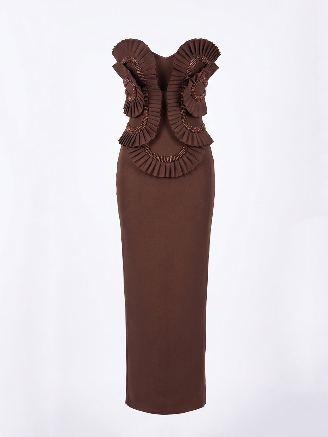 Chocolate Brown Sculptural Strapless Evening Gown