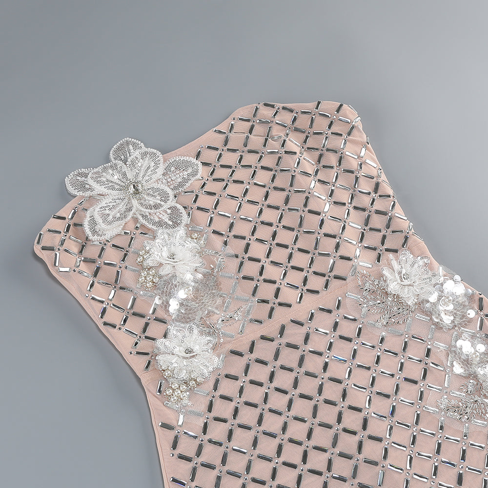 Embellished Rhinestone Lattice Midi Dress with 3D Florals - Blush