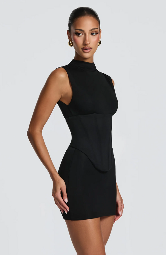 Black High Neck Corset-Style Mini Dress