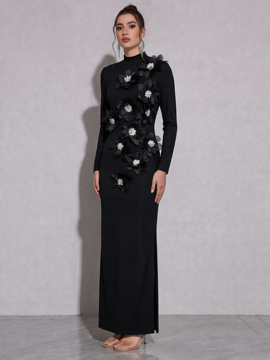 High Neck Long Sleeve Black Gown with 3D Floral Applique