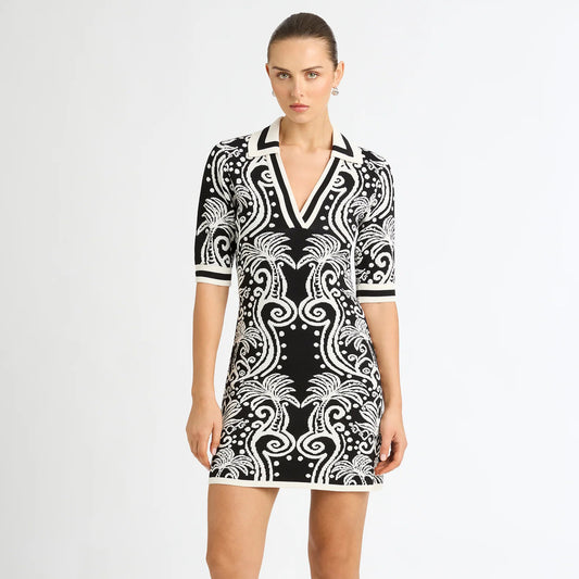 Monochrome Jacquard Knit Polo Mini Dress