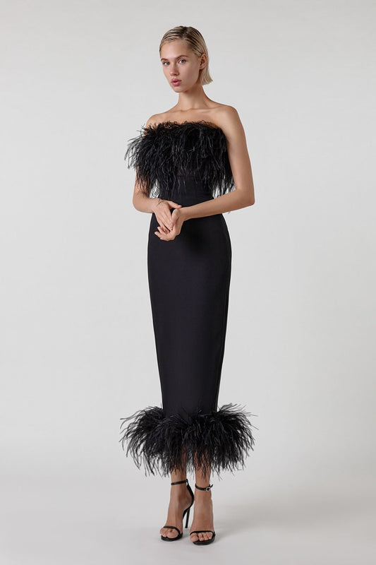 Black Strapless Feather-Trimmed Midi Dress