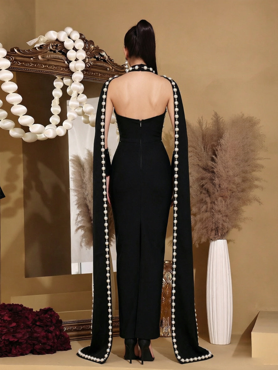 Elegant Black Floor-Length Gown with Beaded Cape Detail
