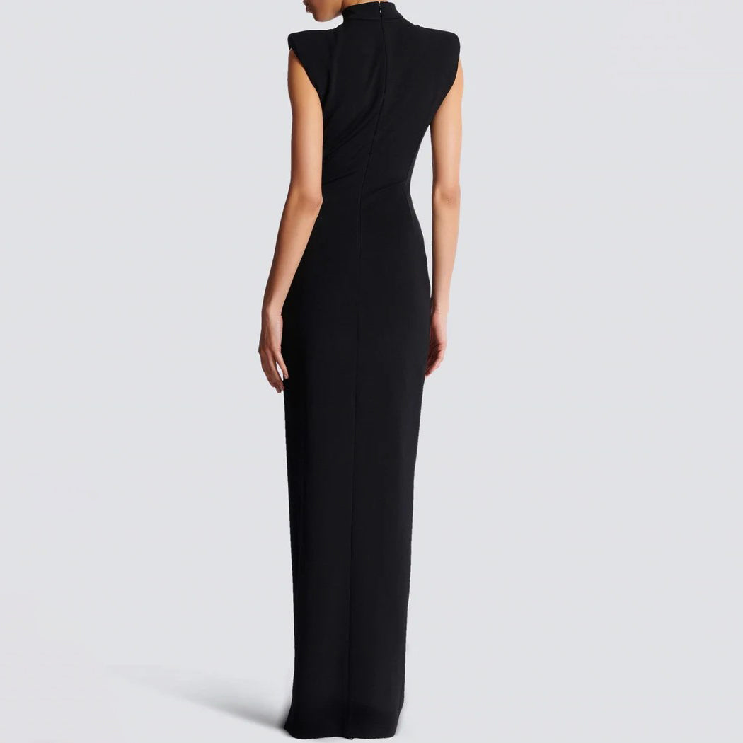 Architectural Strong-Shoulder Zip Column Gown - Onyx Black