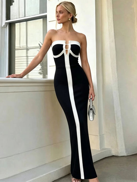 Black and White Strapless Bodycon Evening Gown