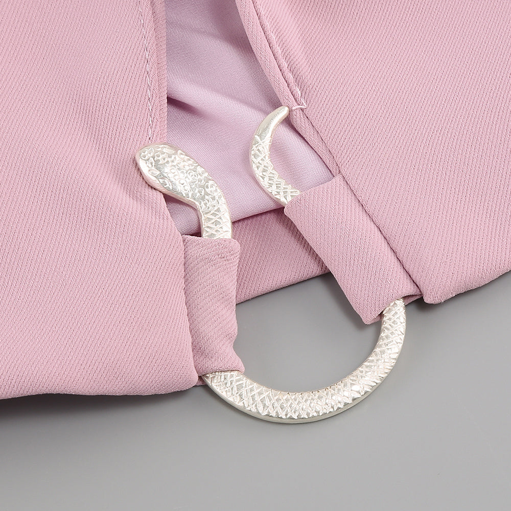 Cropped Blazer & Cutout Chain Trouser Set - Dusty Pink