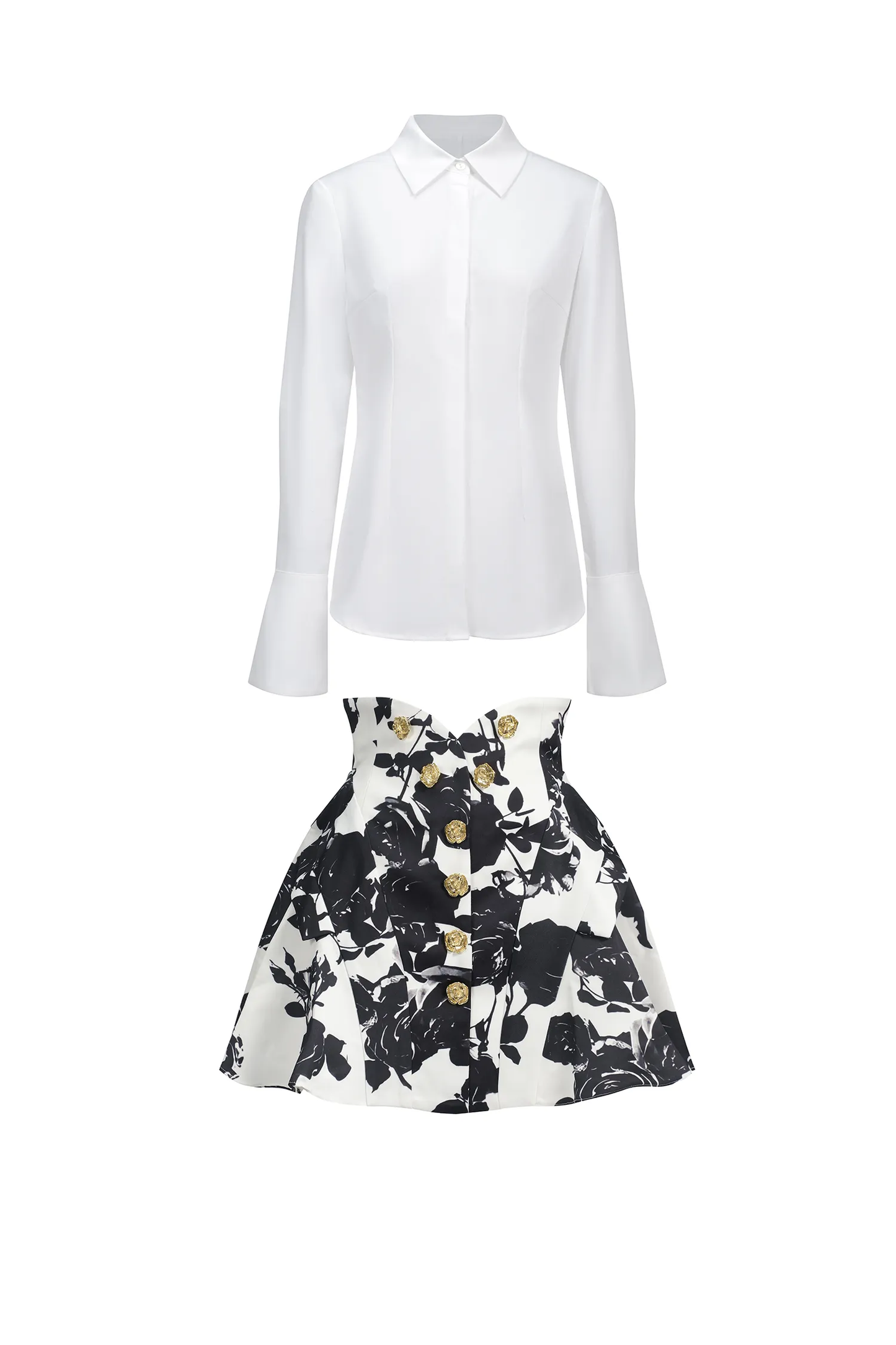 Monochrome Floral Contrast Long Sleeve Mini Dress