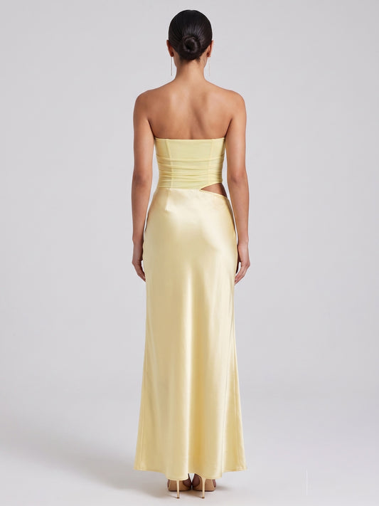Strapless Ruched Corset Satin Maxi Dress - Pale Yellow