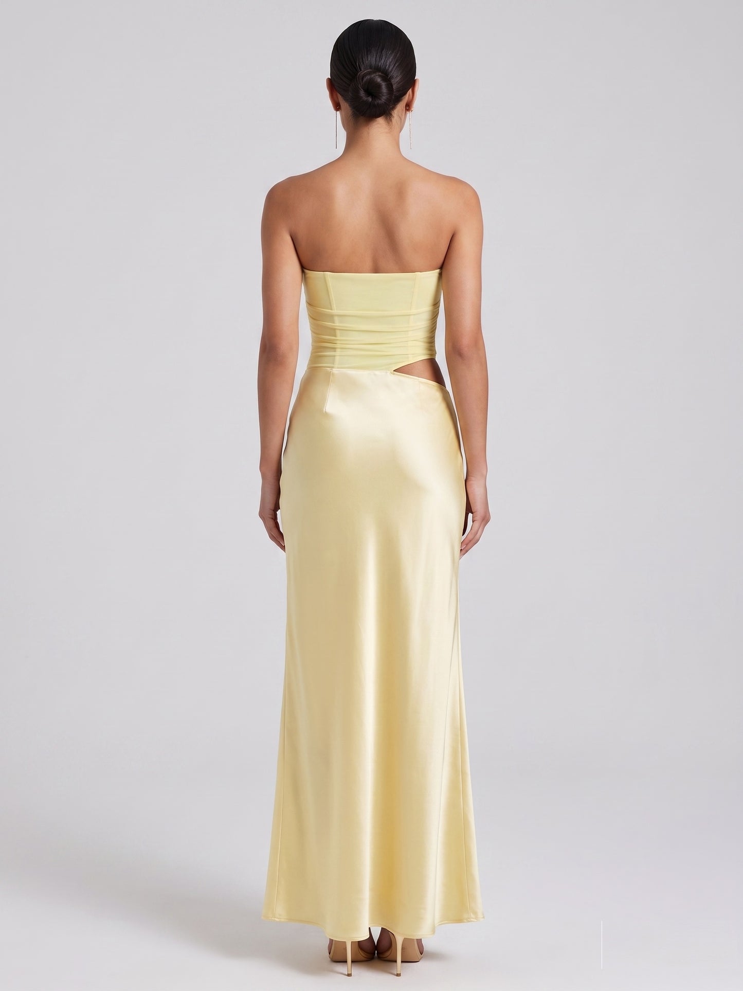 Strapless Ruched Corset Satin Maxi Dress - Pale Yellow