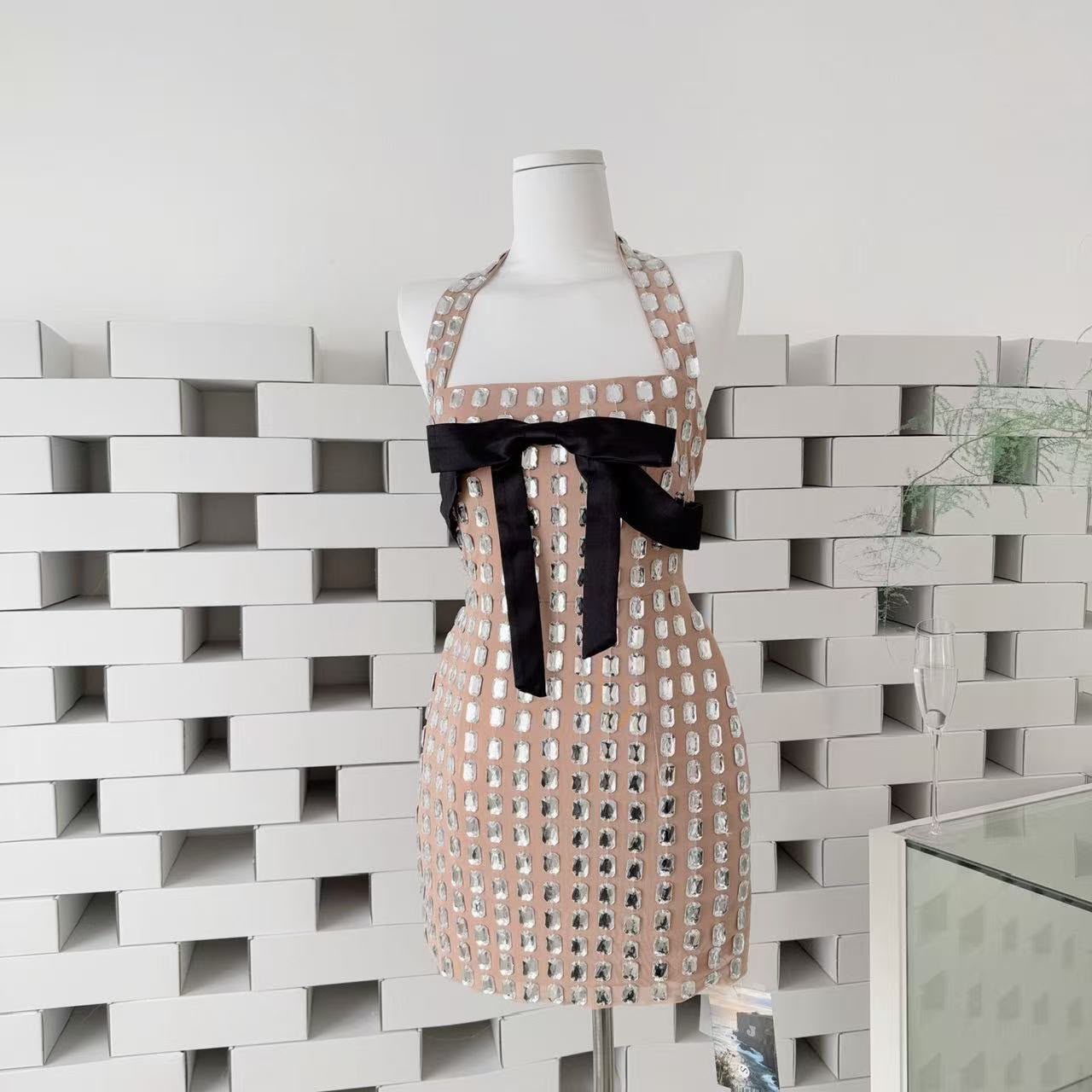 Crystal Embellished Halter Mini Dress with Black Bow