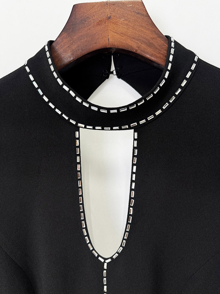 High Neck Keyhole Black Evening Gown with Crystal Embellished Trim