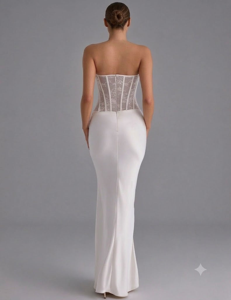 Strapless Lace Corset and Draped Satin Gown - Pearl White