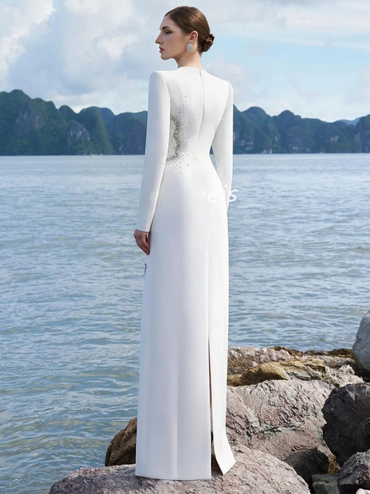 White Crystal Embellished Long Sleeve Column Gown