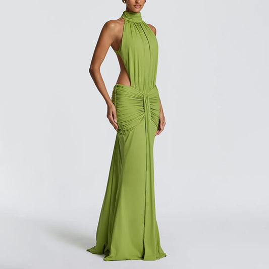 Elegant High-Neck Cutout Ruched Maxi Dress - Lime Green