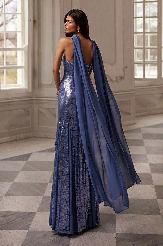 Shimmering Strapless Sequin Mermaid Gown with Chiffon Drape