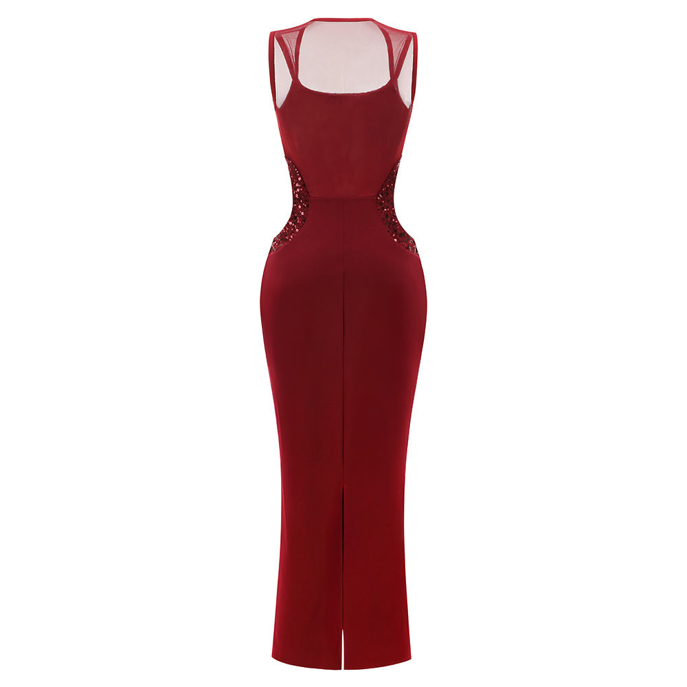 Elegant Burgundy Cut-Out Evening Gown with Sequin Accents