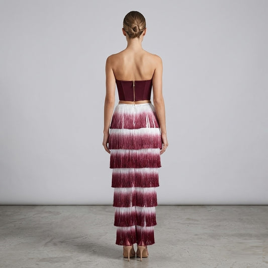 Structured Corset Bustier and Tiered Fringe Midi Skirt Set