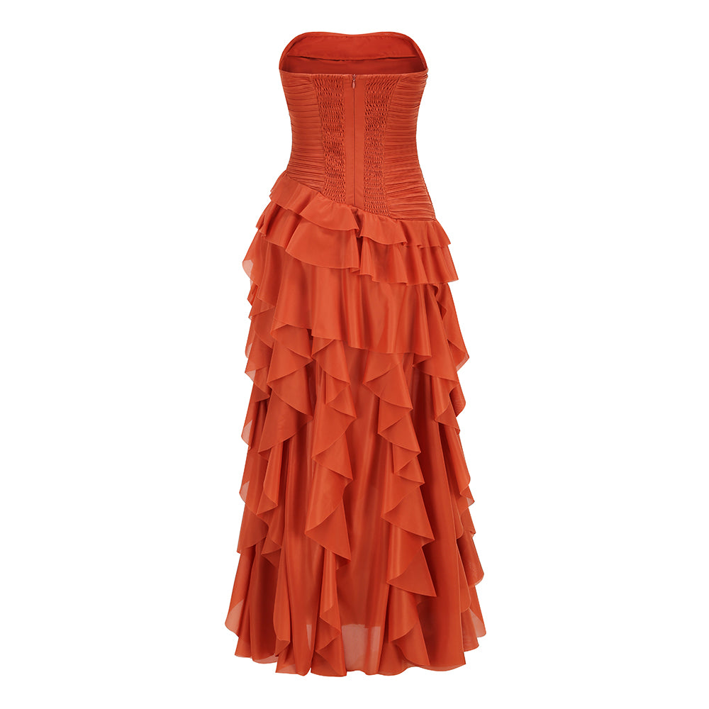Strapless Vibrant Orange Ruched Tiered Ruffle Maxi Dress