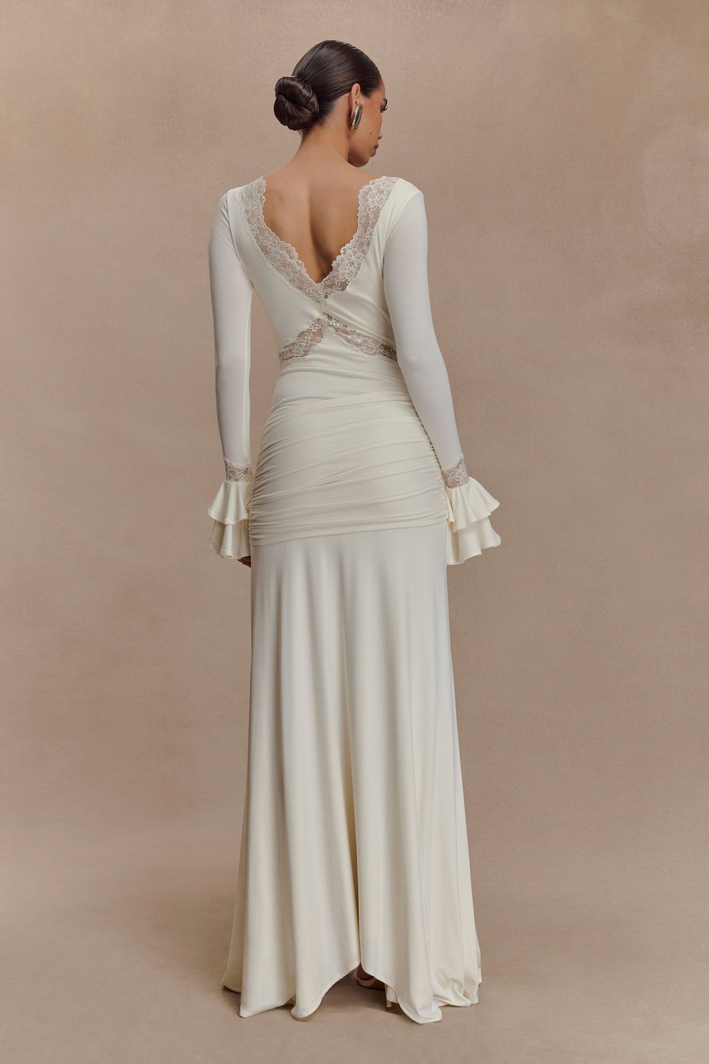 Ivory Lace-Trimmed Ruched Bell Sleeve Maxi Dress
