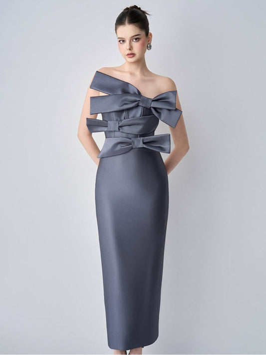 Elegant One-Shoulder Bow Detail Maxi Dress – Women's Formal Evening Gown