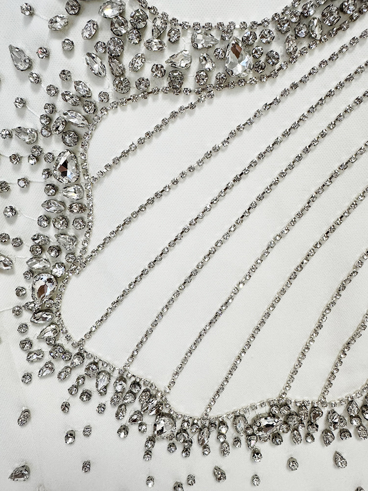 White Crystal Embellished Long Sleeve Column Gown