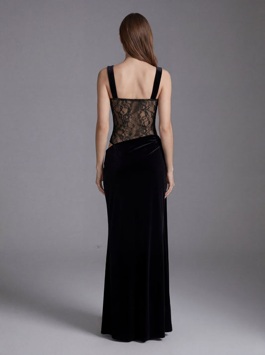 Vivienne Velvet Corset Maxi Gown with Lace Panels and Crystal Brooch