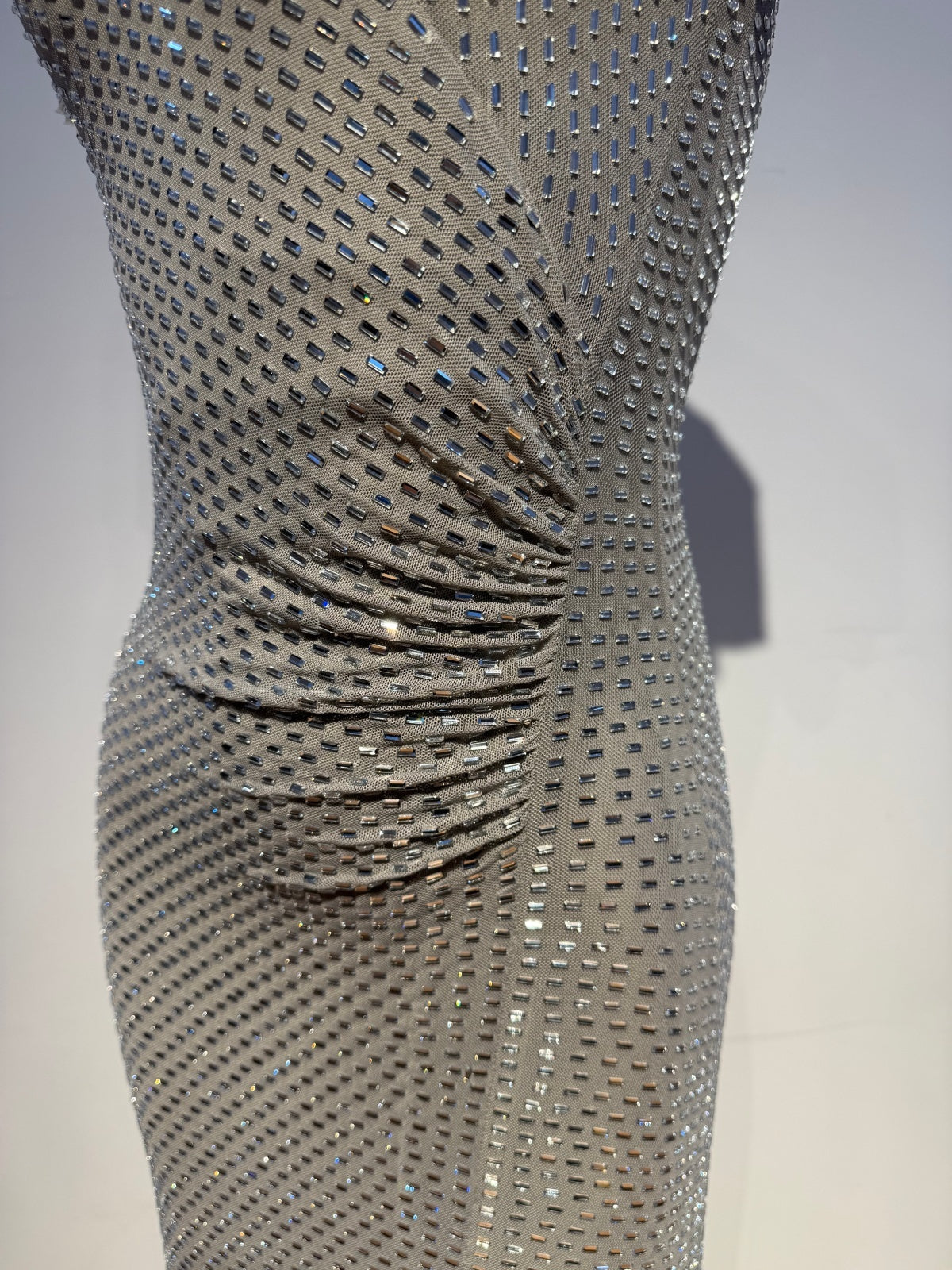 Metallic Sequin Ruched V-Neck Gown - Liquid Silver